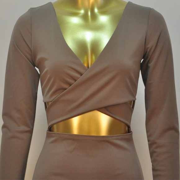 Long Sleeve Khaki HALTER Skirt MIDI Dress - Picture 5 of 6